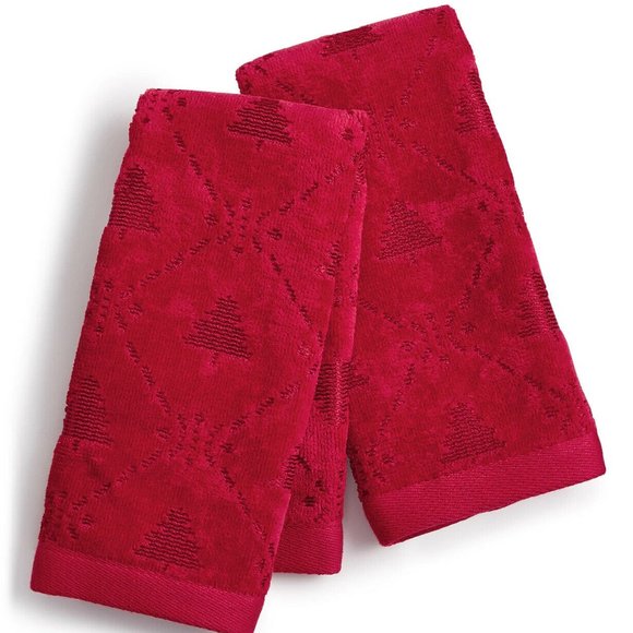 Martha Stewart Snow Winter Christmas Tree Cotton 2-Pc. Fingertip Towel Set - Red - Picture 1 of 1